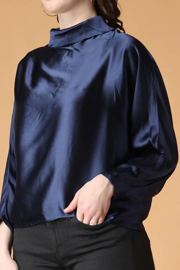 Blue_Cotton_Blend_Casual_Solid_High_Neck_Oversized_Fit_Top_For_Women