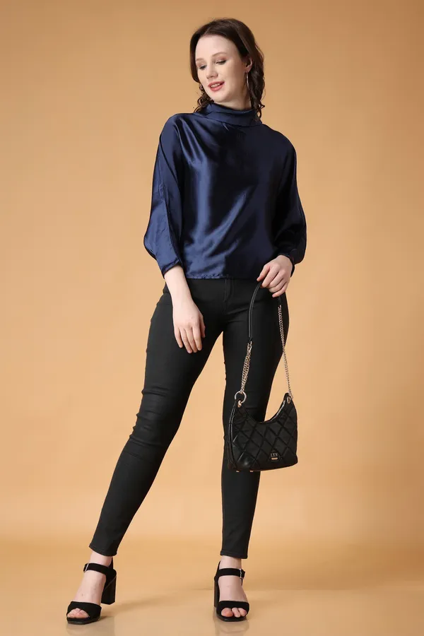 Blue_Cotton_Blend_Casual_Solid_High_Neck_Oversized_Fit_Top_For_Women