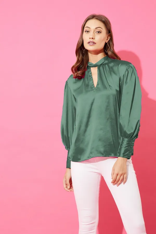 Green_Cotton_Blend_Casual_Solid_Tie-Up_Oversized_Fit_Top_For_Women