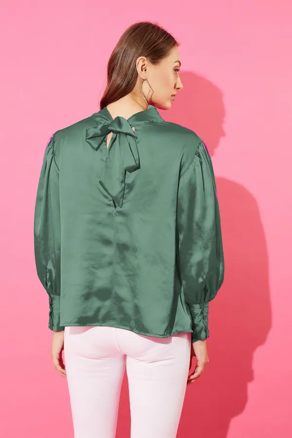 Green_Cotton_Blend_Casual_Solid_Tie-Up_Oversized_Fit_Top_For_Women