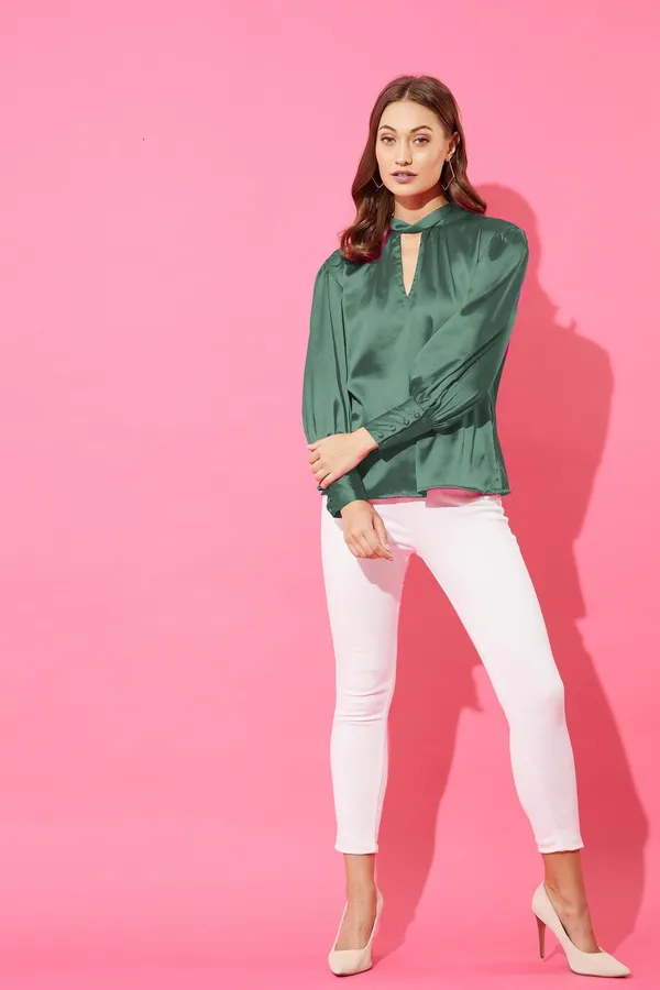 Green_Cotton_Blend_Casual_Solid_Tie-Up_Oversized_Fit_Top_For_Women