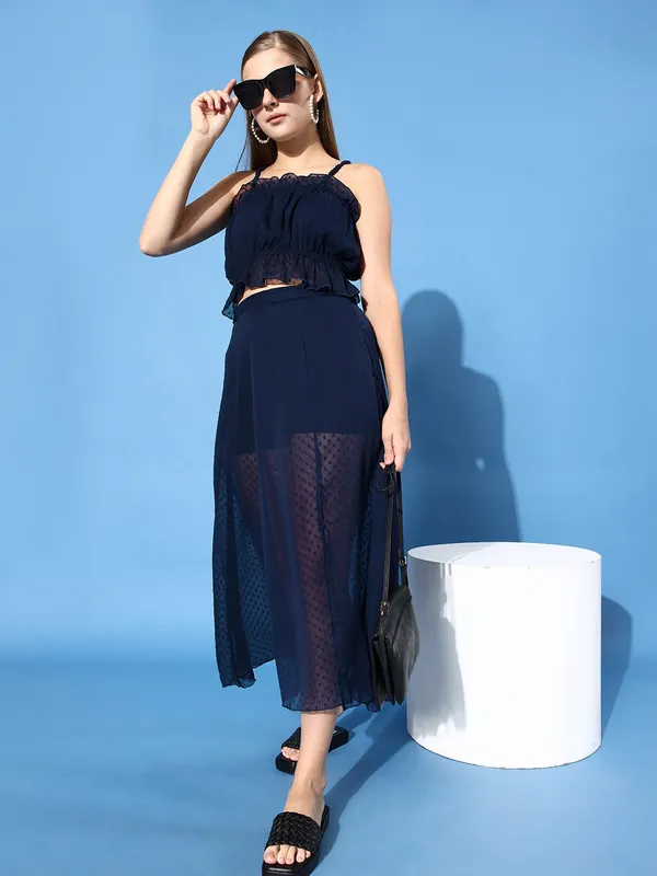 Blue_Chiffon_Casual_Self_Design_Square_Neck_Slim_Fit_Top_For_Women