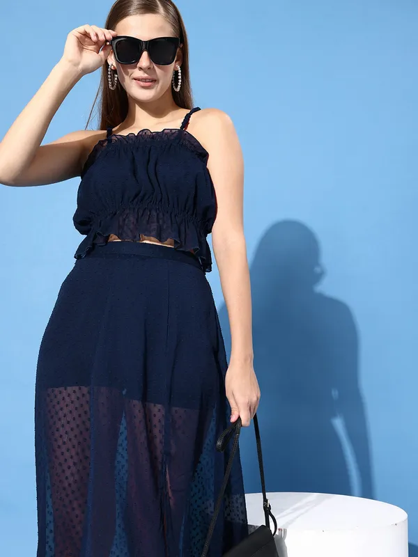 Blue_Chiffon_Casual_Self_Design_Square_Neck_Slim_Fit_Top_For_Women