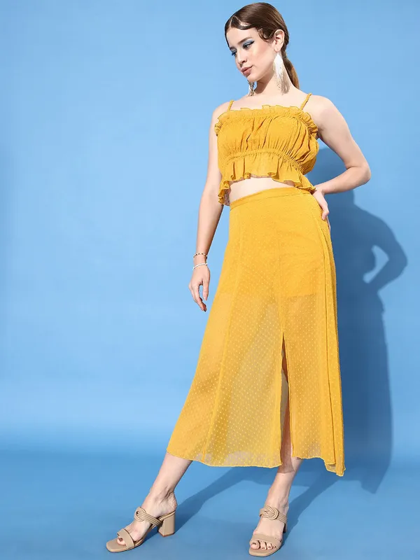 Yellow_Chiffon_Casual_Self_Design_Square_Neck_Slim_Fit_Top_For_Women