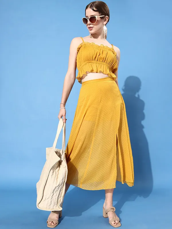 Yellow_Chiffon_Casual_Self_Design_Square_Neck_Slim_Fit_Top_For_Women