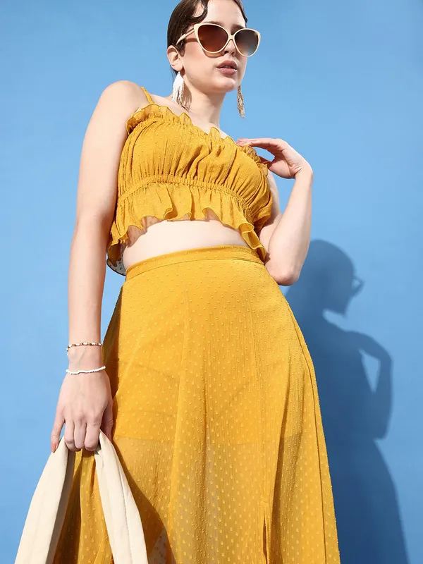 Yellow_Chiffon_Casual_Self_Design_Square_Neck_Slim_Fit_Top_For_Women
