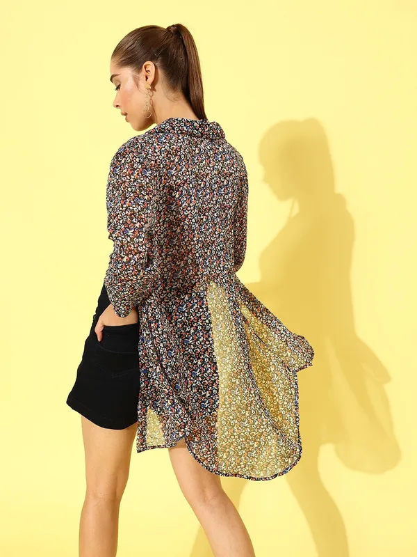 Blue_Chiffon_3/4th_Sleeve_Printed_Regular_Fit_Long_Shirt_For_Women