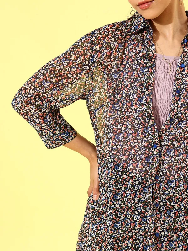 Blue_Chiffon_3/4th_Sleeve_Printed_Regular_Fit_Long_Shirt_For_Women