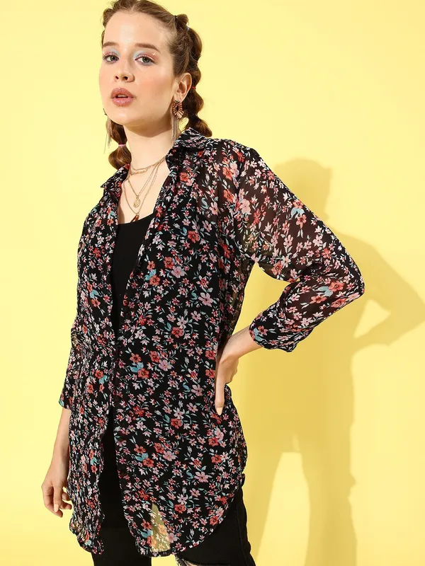 Black_Chiffon_3/4th_Sleeve_Floral_Print_Regular_Fit_Long_Shirt_For_Women