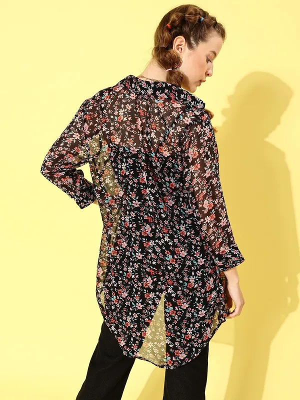 Black_Chiffon_3/4th_Sleeve_Floral_Print_Regular_Fit_Long_Shirt_For_Women