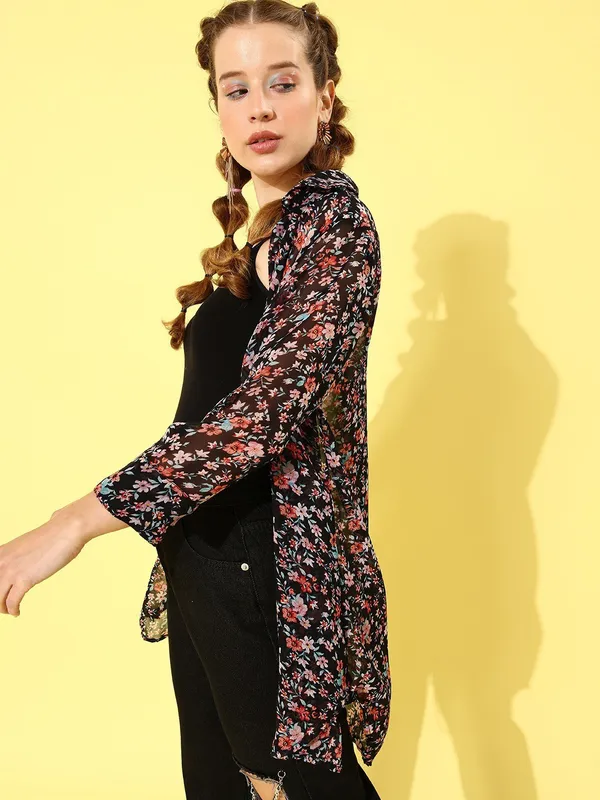 Black_Chiffon_3/4th_Sleeve_Floral_Print_Regular_Fit_Long_Shirt_For_Women