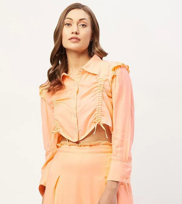 Orange_Viscose_Rayon_Casual_Self_Design_Collared_Relaxed_Fit_Top_For_Women