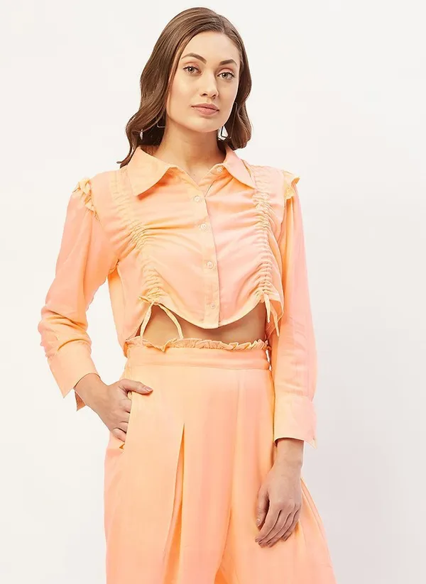 Orange_Viscose_Rayon_Casual_Self_Design_Collared_Relaxed_Fit_Top_For_Women