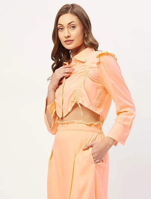 Orange_Viscose_Rayon_Casual_Self_Design_Collared_Relaxed_Fit_Top_For_Women