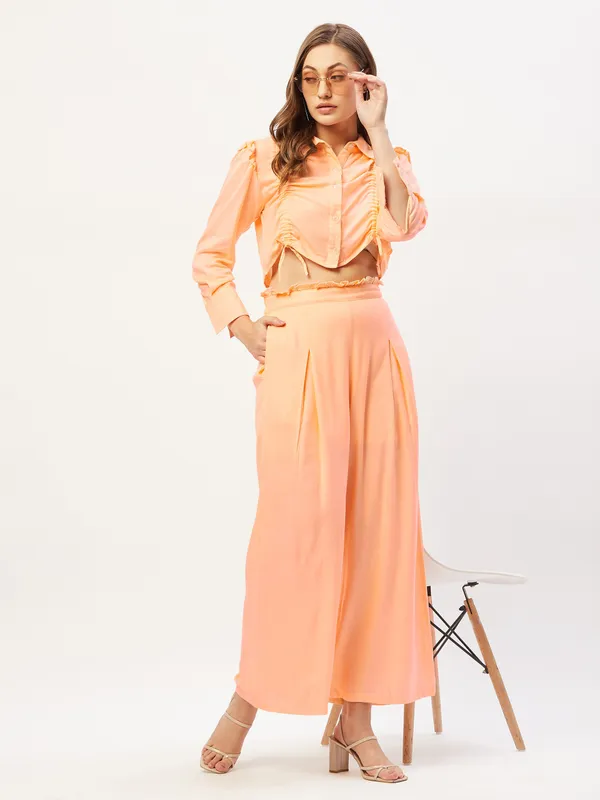 Orange_Viscose_Rayon_Casual_Self_Design_Collared_Relaxed_Fit_Top_For_Women