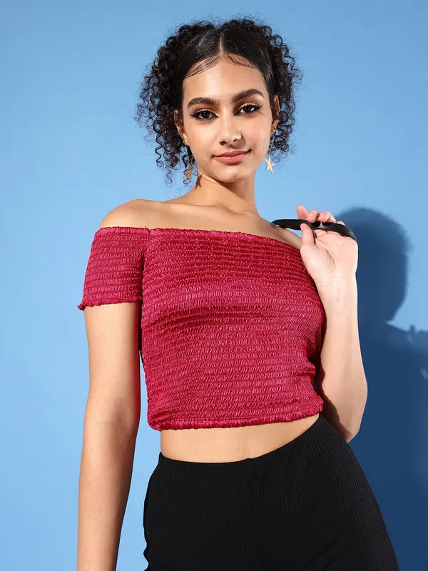 Pink_Satin_Party_Solid_Off_Shoulder_Slim_Fit_Top_For_Women