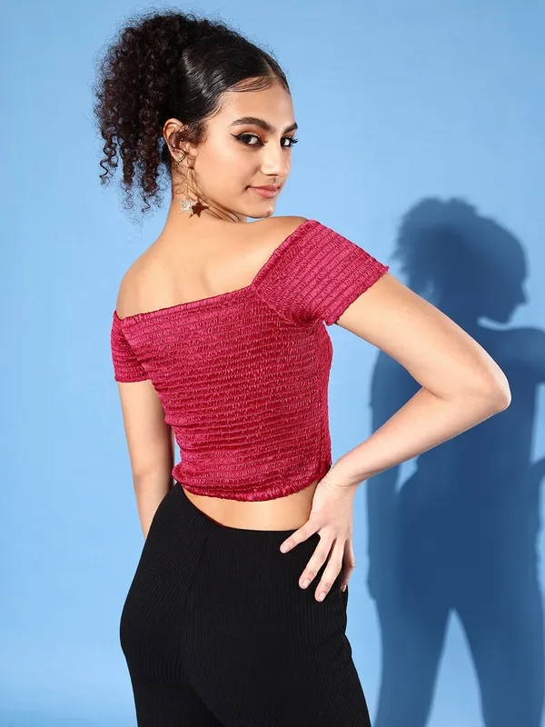 Pink_Satin_Party_Solid_Off_Shoulder_Slim_Fit_Top_For_Women