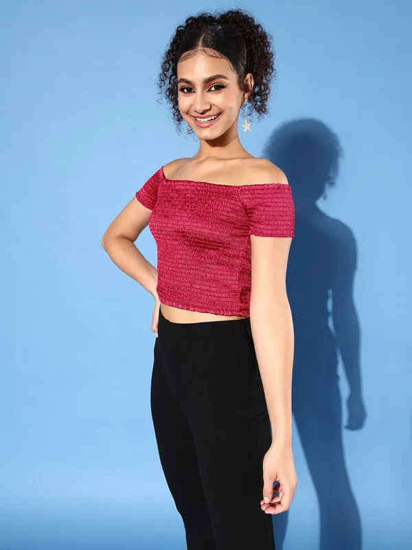 Pink_Satin_Party_Solid_Off_Shoulder_Slim_Fit_Top_For_Women