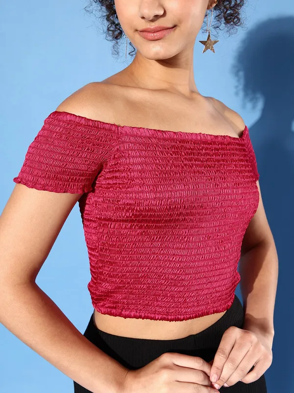 Pink_Satin_Party_Solid_Off_Shoulder_Slim_Fit_Top_For_Women