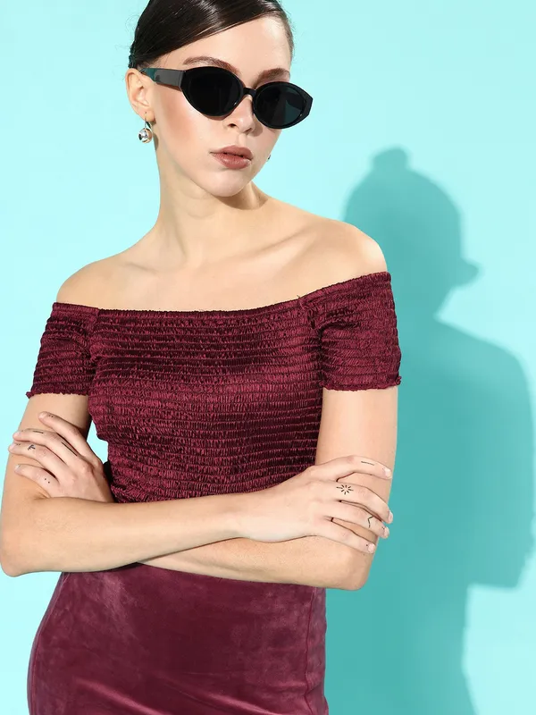 Maroon_Satin_Party_Solid_Off_Shoulder_Slim_Fit_Top_For_Women