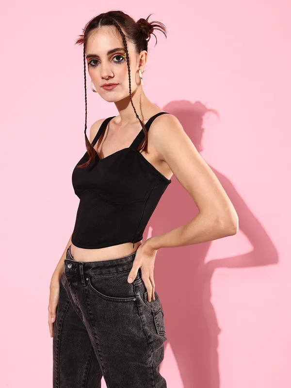 Black_Polyester_Casual_Solid_Sweetheart_Neck_Slim_Fit_Top_For_Women