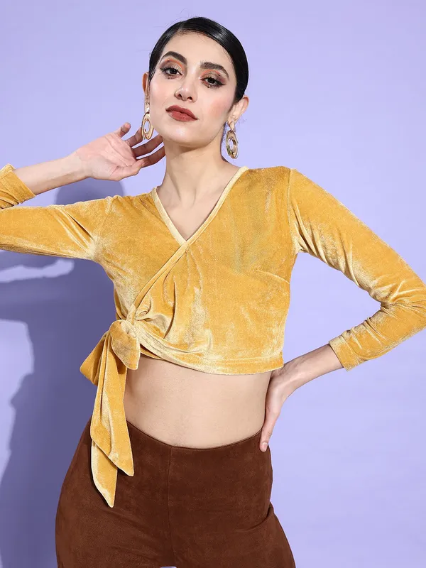 Yellow_Velvet_Casual_Solid_V-Neck_Regular_Fit_Top_For_Women