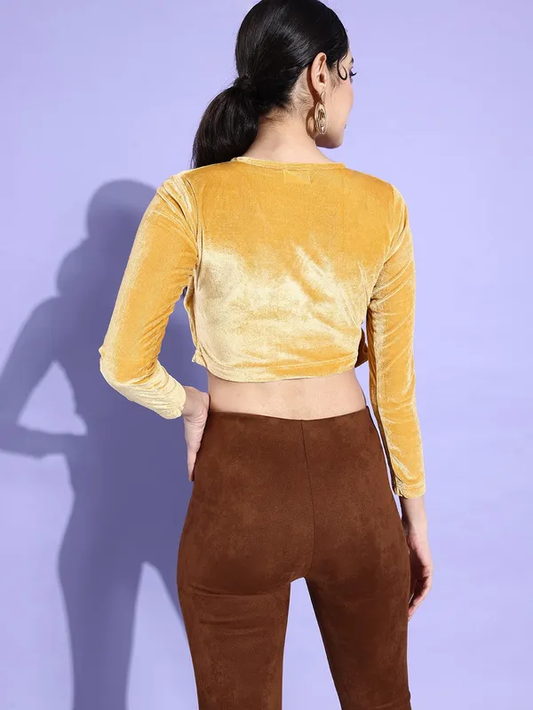 Yellow_Velvet_Casual_Solid_V-Neck_Regular_Fit_Top_For_Women