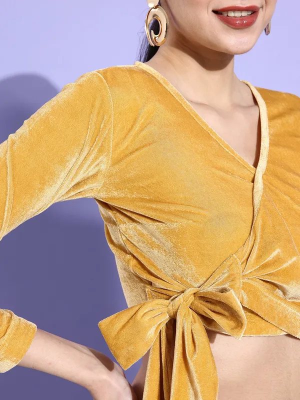 Yellow_Velvet_Casual_Solid_V-Neck_Regular_Fit_Top_For_Women