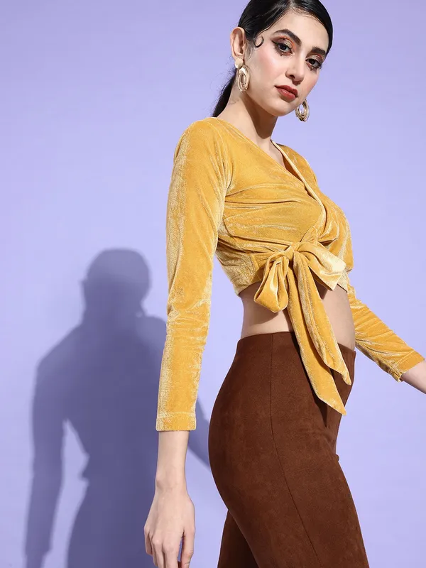 Yellow_Velvet_Casual_Solid_V-Neck_Regular_Fit_Top_For_Women