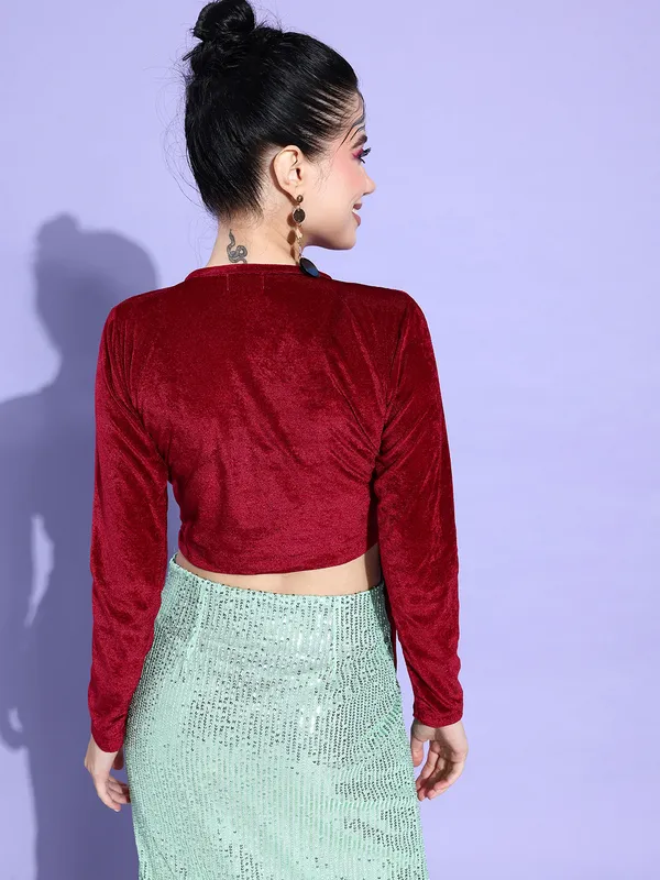Maroon_Velvet_Casual_Solid_V-Neck_Regular_Fit_Top_For_Women