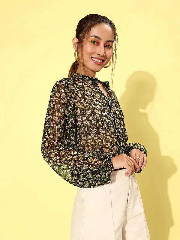 Black_Chiffon_Casual_Printed_Mandarin_Collar_Regular_Fit_Top_For_Women