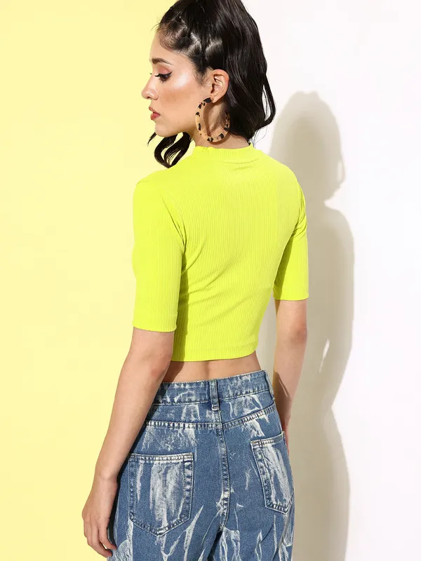 Light_Green_Cotton_Blend_Casual_Solid_Round_Neck_Slim_Fit_Top_For_Women
