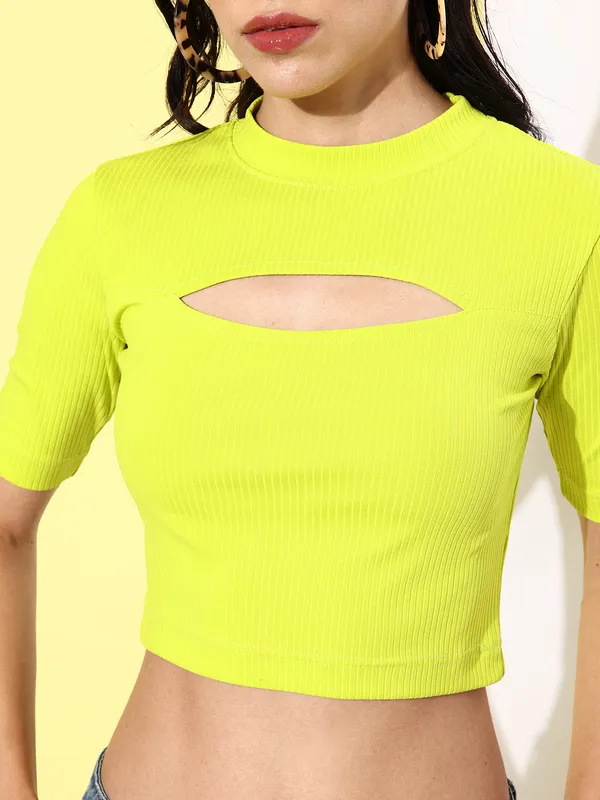 Light_Green_Cotton_Blend_Casual_Solid_Round_Neck_Slim_Fit_Top_For_Women