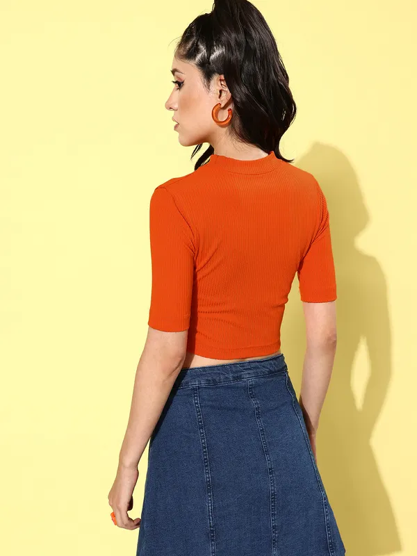 Orange_Cotton_Blend_Casual_Solid_Round_Neck_Slim_Fit_Top_For_Women