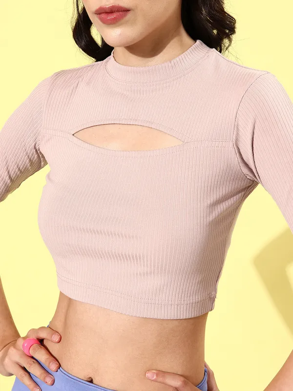 Beige_Cotton_Blend_Casual_Solid_Round_Neck_Slim_Fit_Top_For_Women