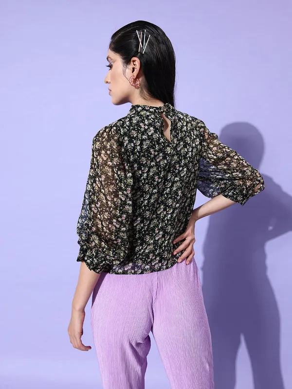 Black_Chiffon_Casual_Floral_Print_High_Neck_Regular_Fit_Top_For_Women