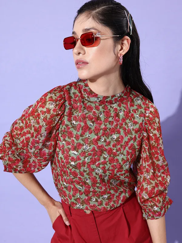 Multicolor_Chiffon_Casual_Floral_Print_High_Neck_Regular_Fit_Top_For_Women