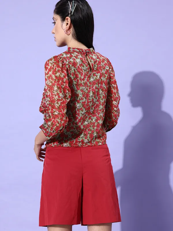 Multicolor_Chiffon_Casual_Floral_Print_High_Neck_Regular_Fit_Top_For_Women