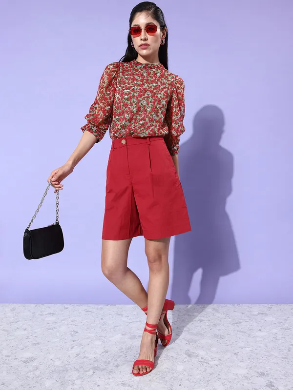 Multicolor_Chiffon_Casual_Floral_Print_High_Neck_Regular_Fit_Top_For_Women