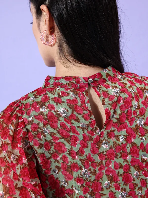 Multicolor_Chiffon_Casual_Floral_Print_High_Neck_Regular_Fit_Top_For_Women