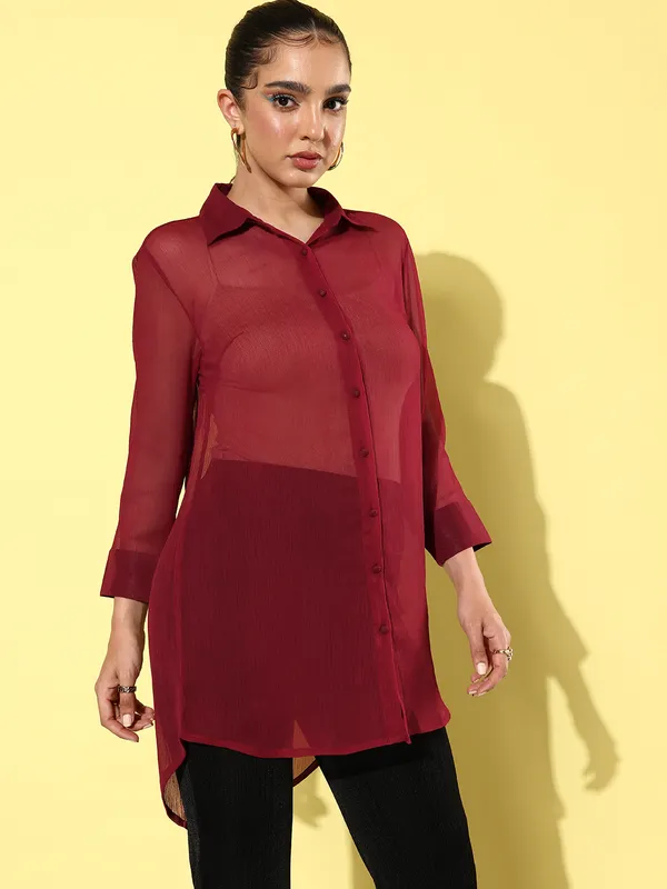 Maroon_Chiffon_3/4th_Sleeve_Solid_Boxy_Fit_Long_Shirt_For_Women