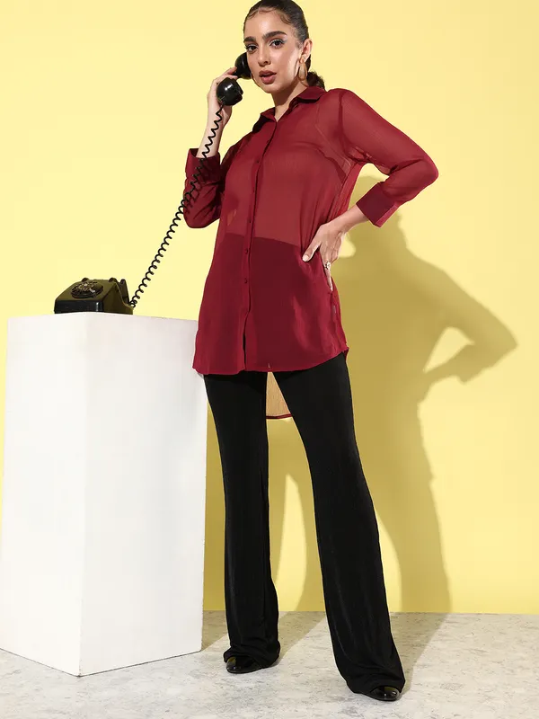 Maroon_Chiffon_3/4th_Sleeve_Solid_Boxy_Fit_Long_Shirt_For_Women
