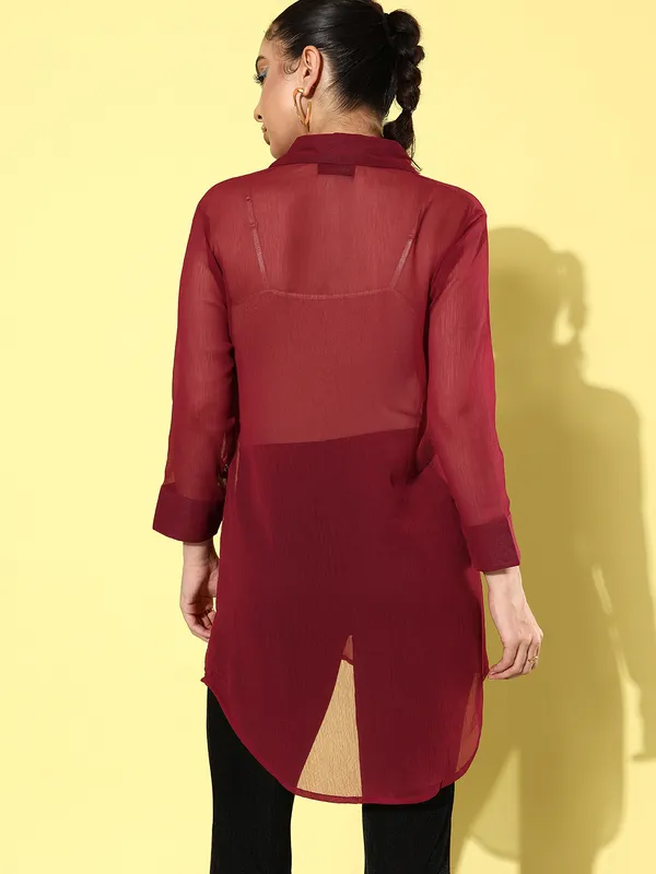 Maroon_Chiffon_3/4th_Sleeve_Solid_Boxy_Fit_Long_Shirt_For_Women