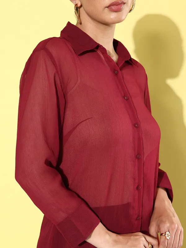 Maroon_Chiffon_3/4th_Sleeve_Solid_Boxy_Fit_Long_Shirt_For_Women