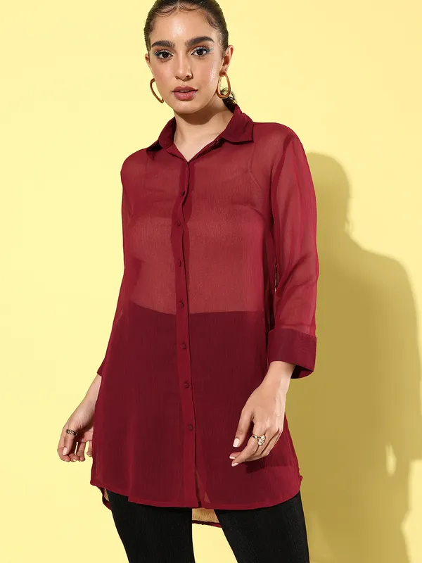 Maroon_Chiffon_3/4th_Sleeve_Solid_Boxy_Fit_Long_Shirt_For_Women