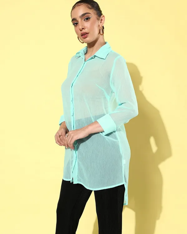 Light_Blue_Chiffon_3/4th_Sleeve_Solid_Boxy_Fit_Long_Shirt_For_Women