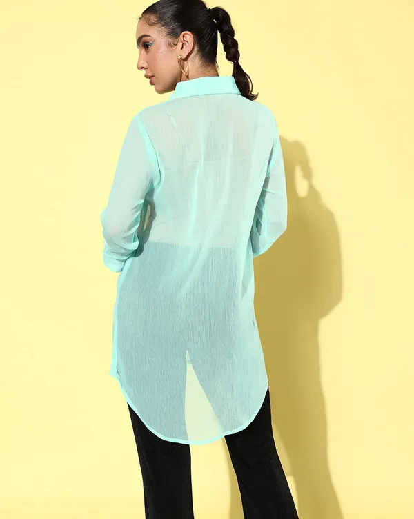 Light_Blue_Chiffon_3/4th_Sleeve_Solid_Boxy_Fit_Long_Shirt_For_Women