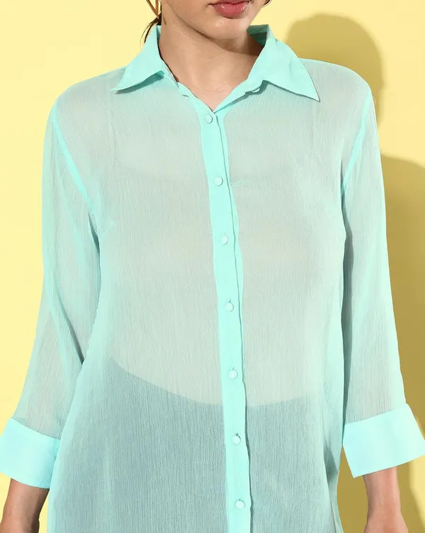 Light_Blue_Chiffon_3/4th_Sleeve_Solid_Boxy_Fit_Long_Shirt_For_Women