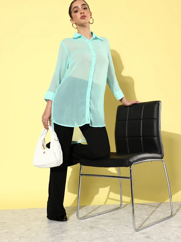 Light_Blue_Chiffon_3/4th_Sleeve_Solid_Boxy_Fit_Long_Shirt_For_Women