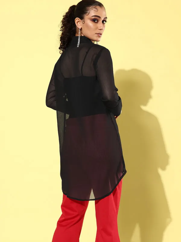 Black_Chiffon_3/4th_Sleeve_Solid_Boxy_Fit_Long_Shirt_For_Women
